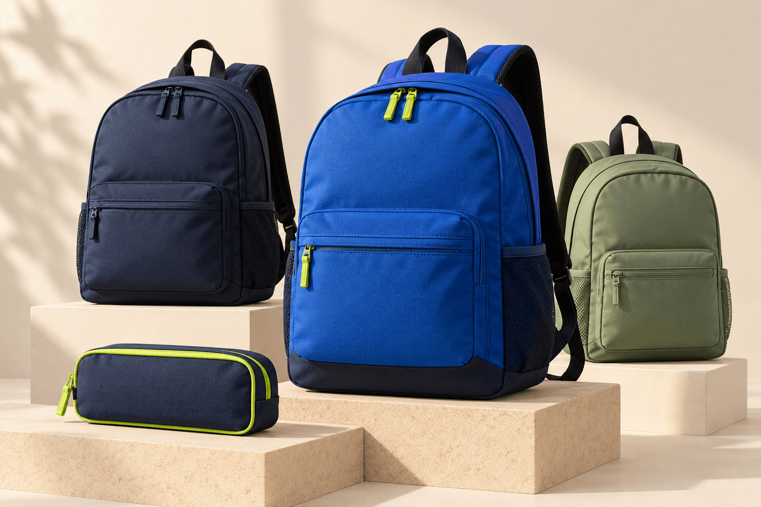 Conceito ilustrativo de mochilas azuis e verde-sálvia com estojo, sobre bases de exposição claras
